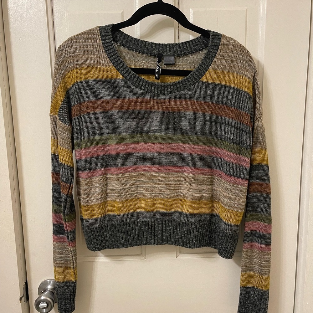 O'Neill Women's Striped Crew Neck cropped Sweater - Gray, Yellow, Pink, Brown